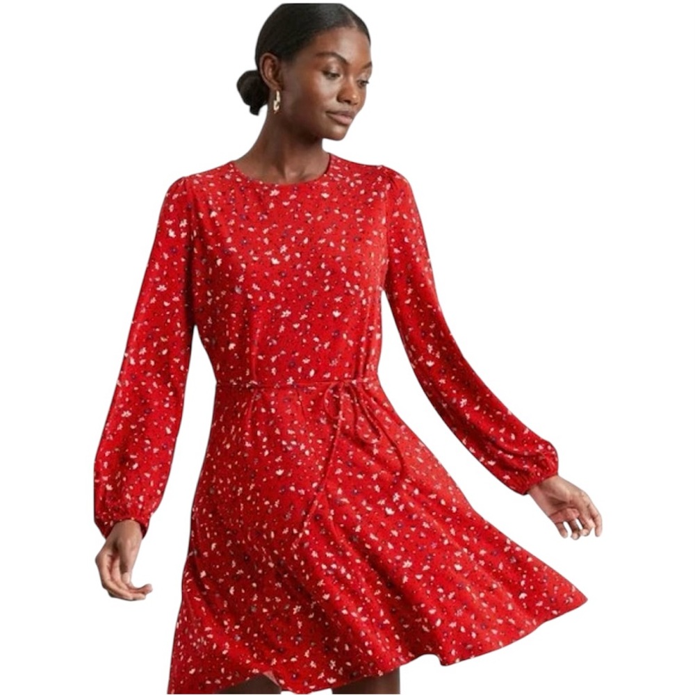 Red Ditsy Floral Sz S Tie Waist Long Sleeve A-Line Cottagecore Romantic Dress